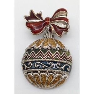 Vintage Christmas Ball Ornament Brooch Pin Ribbon Signed NR Enamel Silver Tone